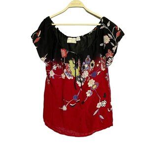 Carrie Allen Blouse Women Size M Smock Bow Flower Red Retro Boho Spring Summer